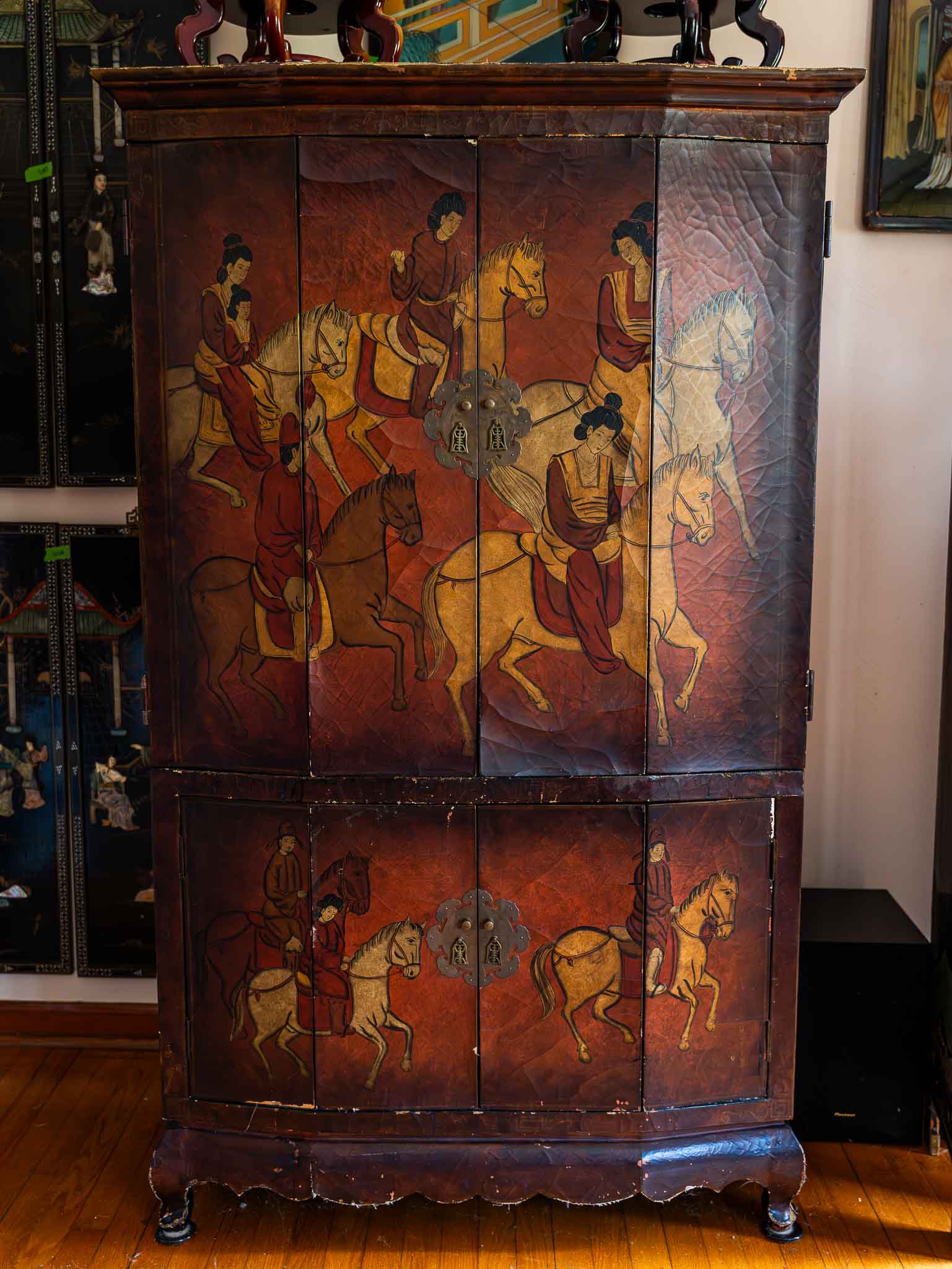 Oriental Painted TV Armoire Cabinet Vintage Asian Media Cabinet