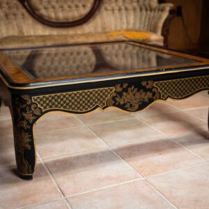 Vintage Black & Gold Coffee Table w/ Glass Top – Asian Style