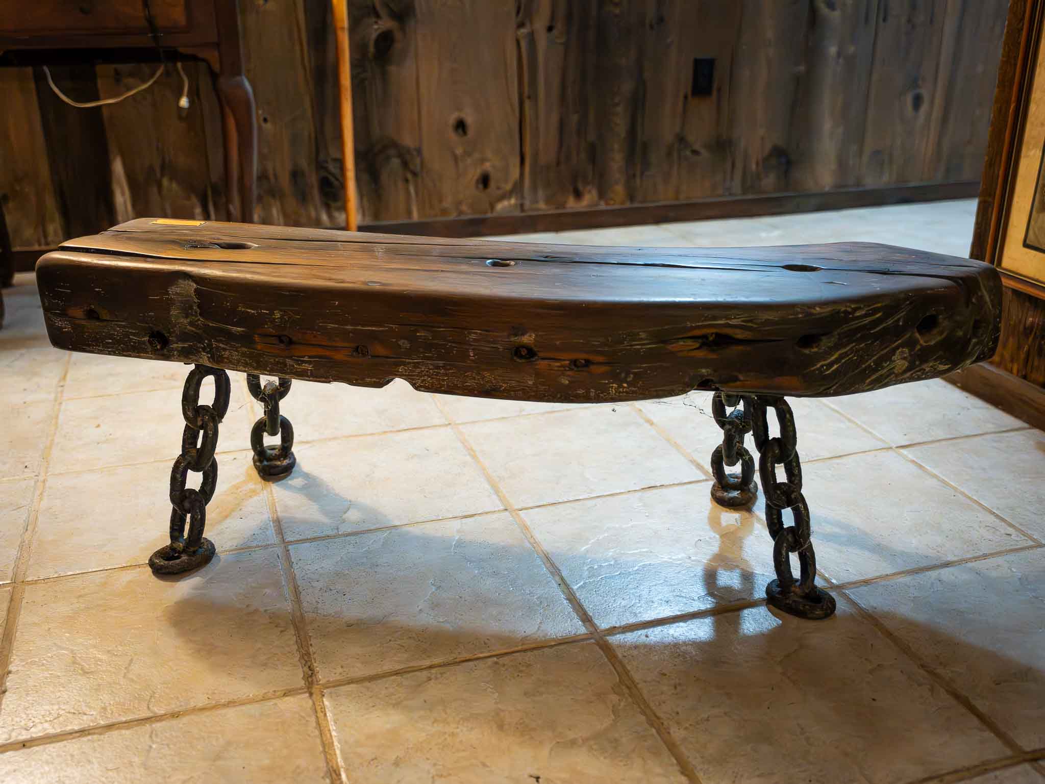 Antique Shipwreck Oak Bench – Milwaukee Belle 1886 – Live Edge w/ Cast Iron Legs