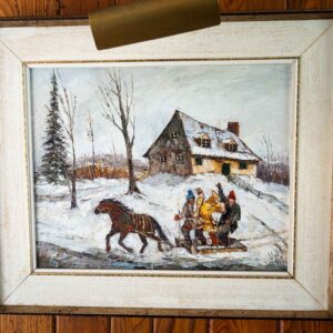 Vintage Textured Oil Painting – Winter Horse & Sleigh Scene w/ Frame