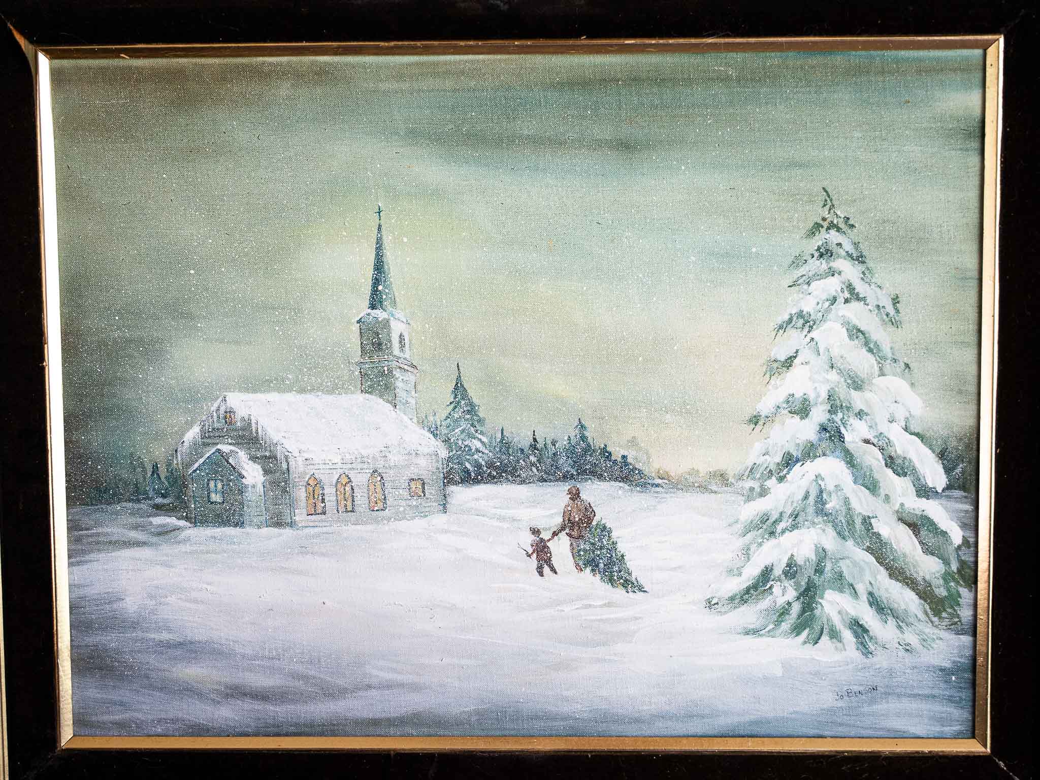 Framed Winter Church Painting by Jo Benson – Snow Landscape Scene - Image 2