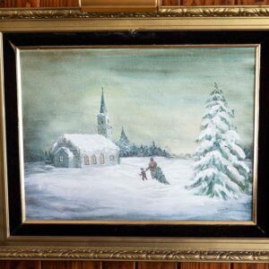 Framed Winter Church Painting by Jo Benson – Snow Landscape Scene