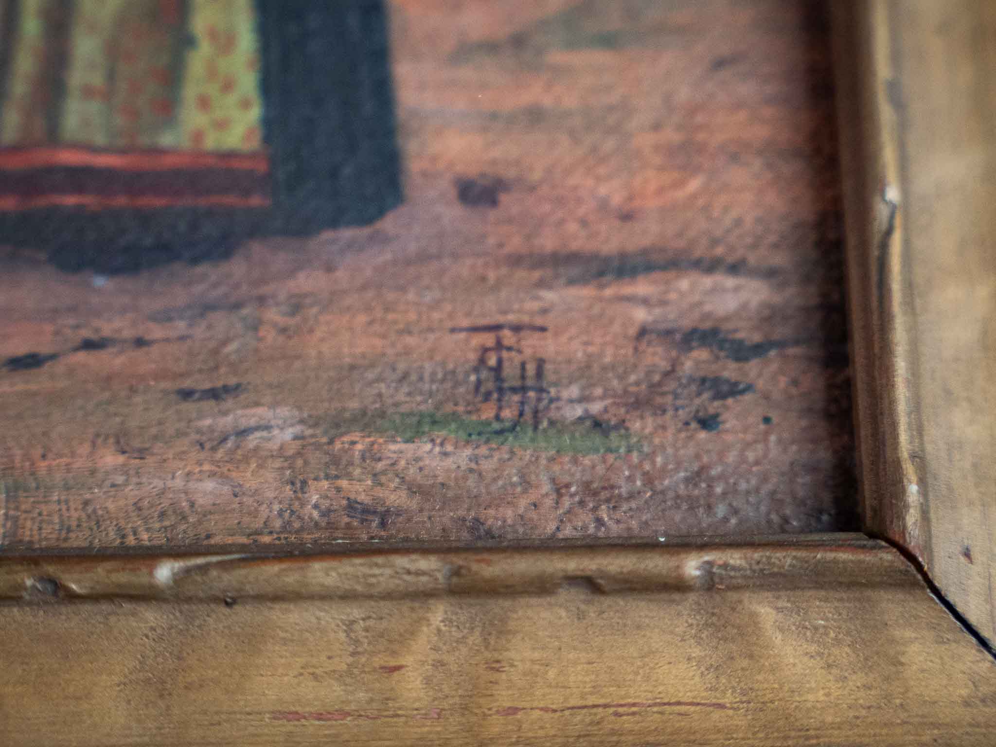 Vintage Framed European Village Genre Painting – Signed (TH Initials) - Image 3