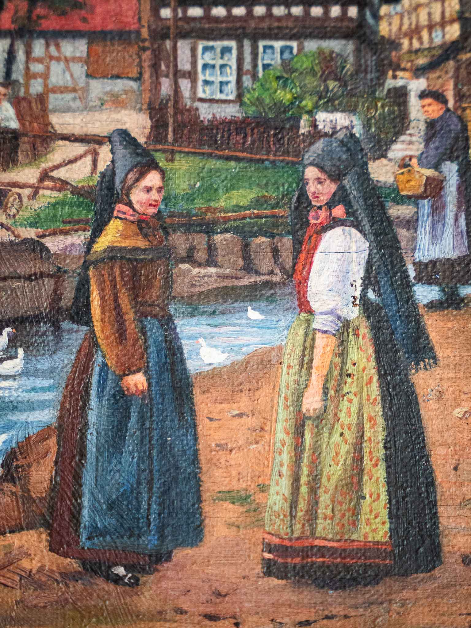 Vintage Framed European Village Genre Painting – Signed (TH Initials) - Image 2