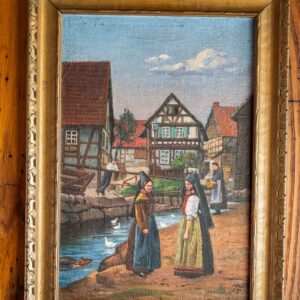 Vintage Framed European Village Genre Painting – Signed (TH Initials)