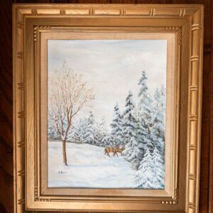 Framed Jo Benson Winter Landscape Painting – Snow Scene with Deer