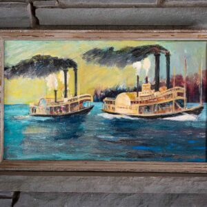 Framed Steamboat Painting by Carolyn Doyle – Vintage Riverboat Scene Art