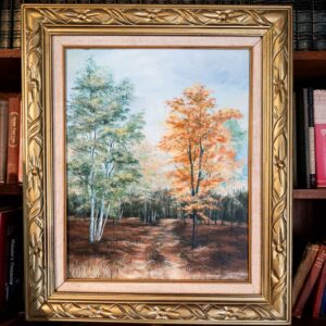 Framed Woodland Landscape Painting – Signed Phyllis E. Olson (1975) – “Transience”