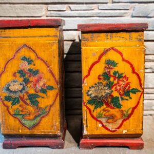 Pair of Chinese Hand-Painted Wooden Boxes – Floral Motif with Yin Yang Tops