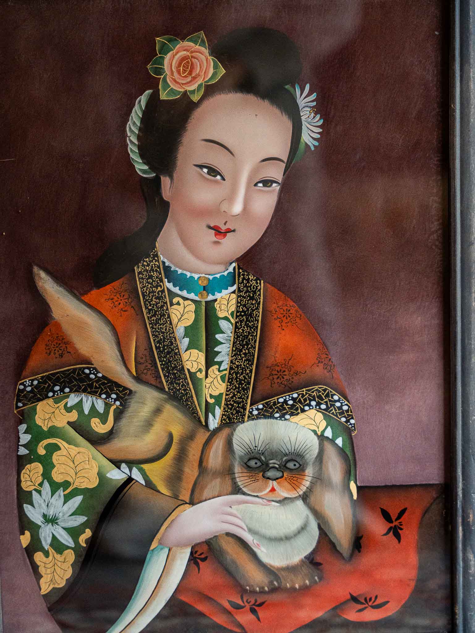 Vintage Chinese Reverse Painting on Glass – Lady with Cat in Ornate Frame (21.5” x 15.5”) - Image 2