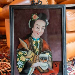 Vintage Chinese Reverse Painting on Glass – Lady with Cat in Ornate Frame (21.5” x 15.5”)