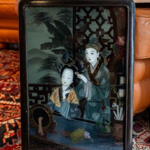 Vintage Chinese Reverse Painting on Glass – Woman Having Hair Done (22” x 15”)