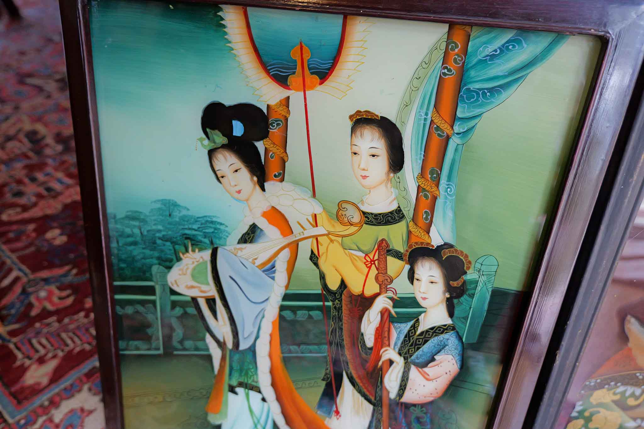 Vintage Chinese Reverse Painting on Glass – Ladies with Harp (24” x 17.75”) - Image 2