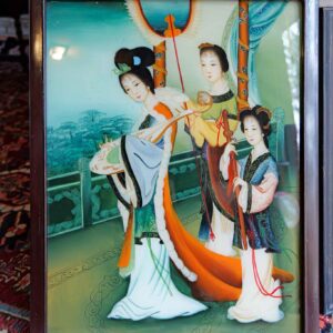 Vintage Chinese Reverse Painting on Glass – Ladies with Harp (24” x 17.75”)
