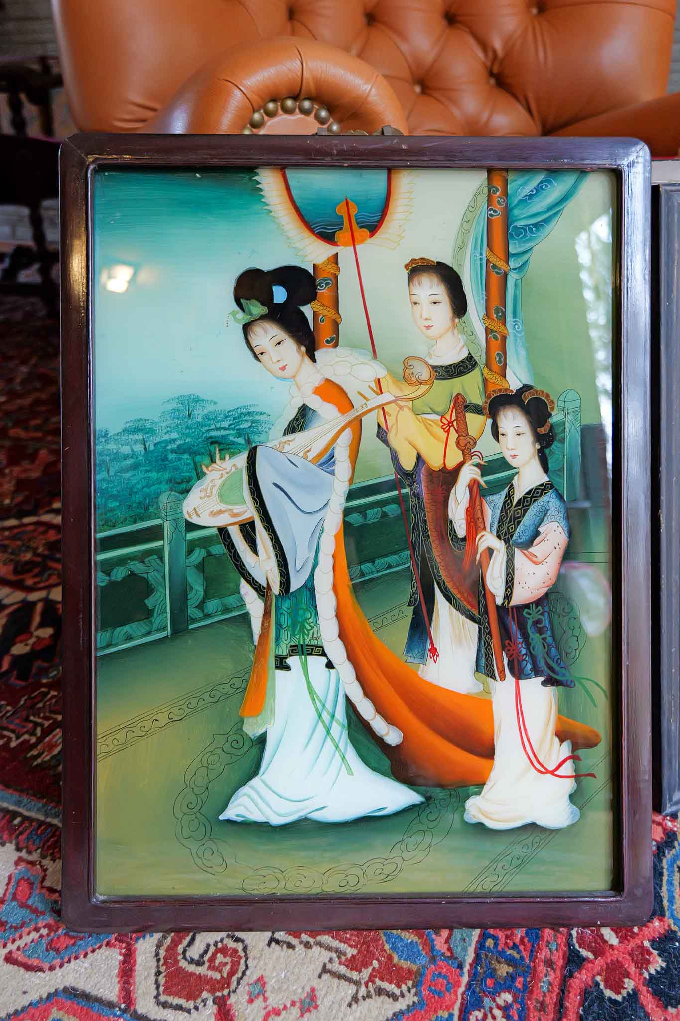 Vintage Chinese Reverse Painting on Glass – Ladies with Harp (24” x 17.75”)