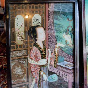 Vintage Chinese Reverse Painting on Glass – Lady with Bird (23” x 17”)