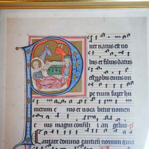 Framed Medieval Manuscript Leaf Reproduction – Illuminated Letter & Musical Notation (19.5” x 13.25”)
