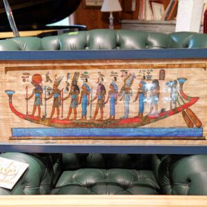 Framed Egyptian Papyrus Boat Scene – Hieroglyphics & Pharaoh Figures (14” x 38”)