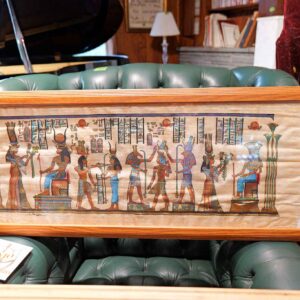 Framed Egyptian Papyrus Painting – Hieroglyphics & Deity Scene (14.5” x 38”)