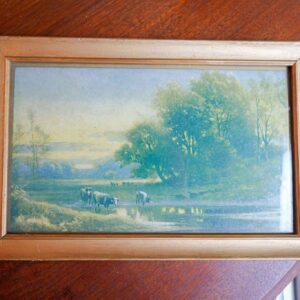 Vintage Framed Landscape Print – Cows by Pond Scene (10.5” x 16”)