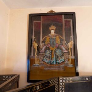 VINTAGE CHINESE REVERSE PAINTING ON GLASS – IMPERIAL COURT FIGURE IN LACQUER FRAME
