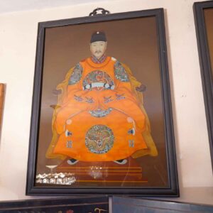 Vintage Chinese Reverse Glass Painting Portrait Man in Orange Robe Framed Asian Artwork