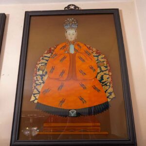 Vintage Chinese Reverse Glass Painting Portrait Woman in Ornate Orange Robe Framed Asian Artwork
