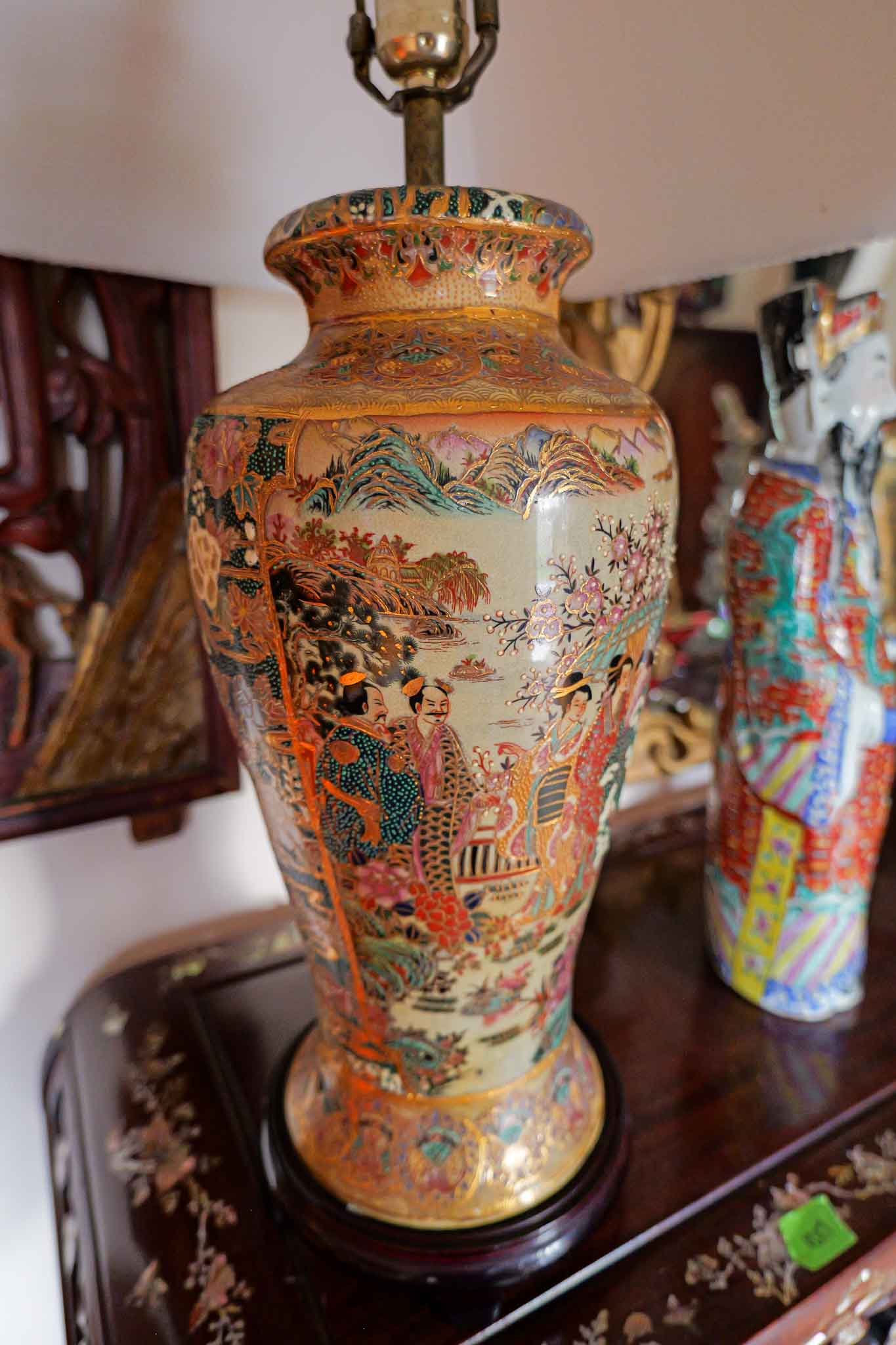 Vintage Japanese Satsuma Style Vase Table Lamp Hand-Painted Geisha Scene Porcelain - Image 3