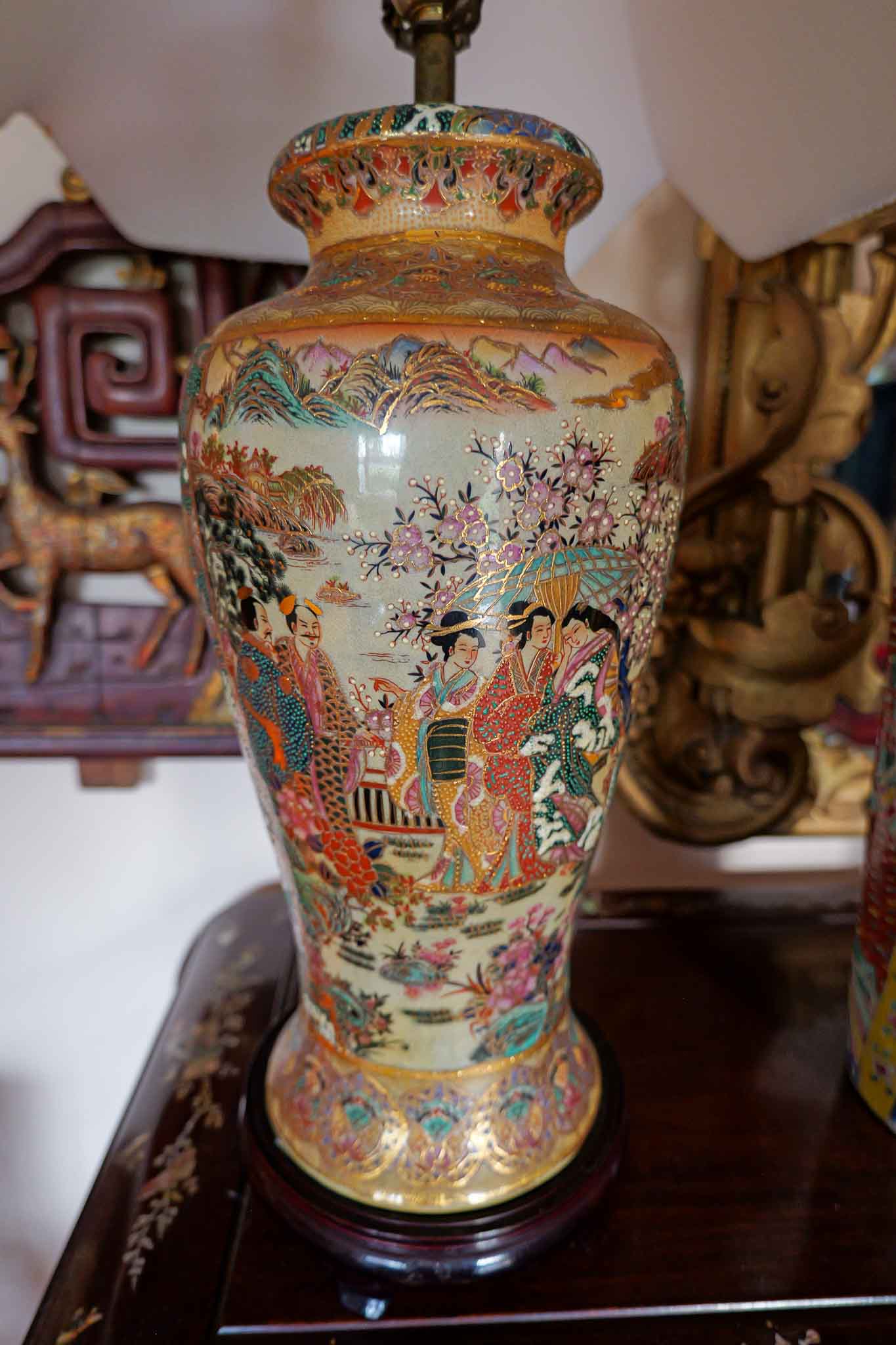 Vintage Japanese Satsuma Style Vase Table Lamp Hand-Painted Geisha Scene Porcelain - Image 2