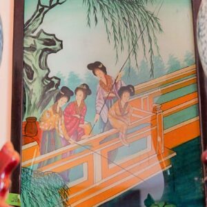 VINTAGE CHINESE REVERSE PAINTING ON GLASS (WOMEN ON BRIDGE)