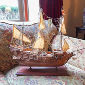 HANDCRAFTED WOODEN MODEL SAILING SHIP WITH CLOTH SAILS
