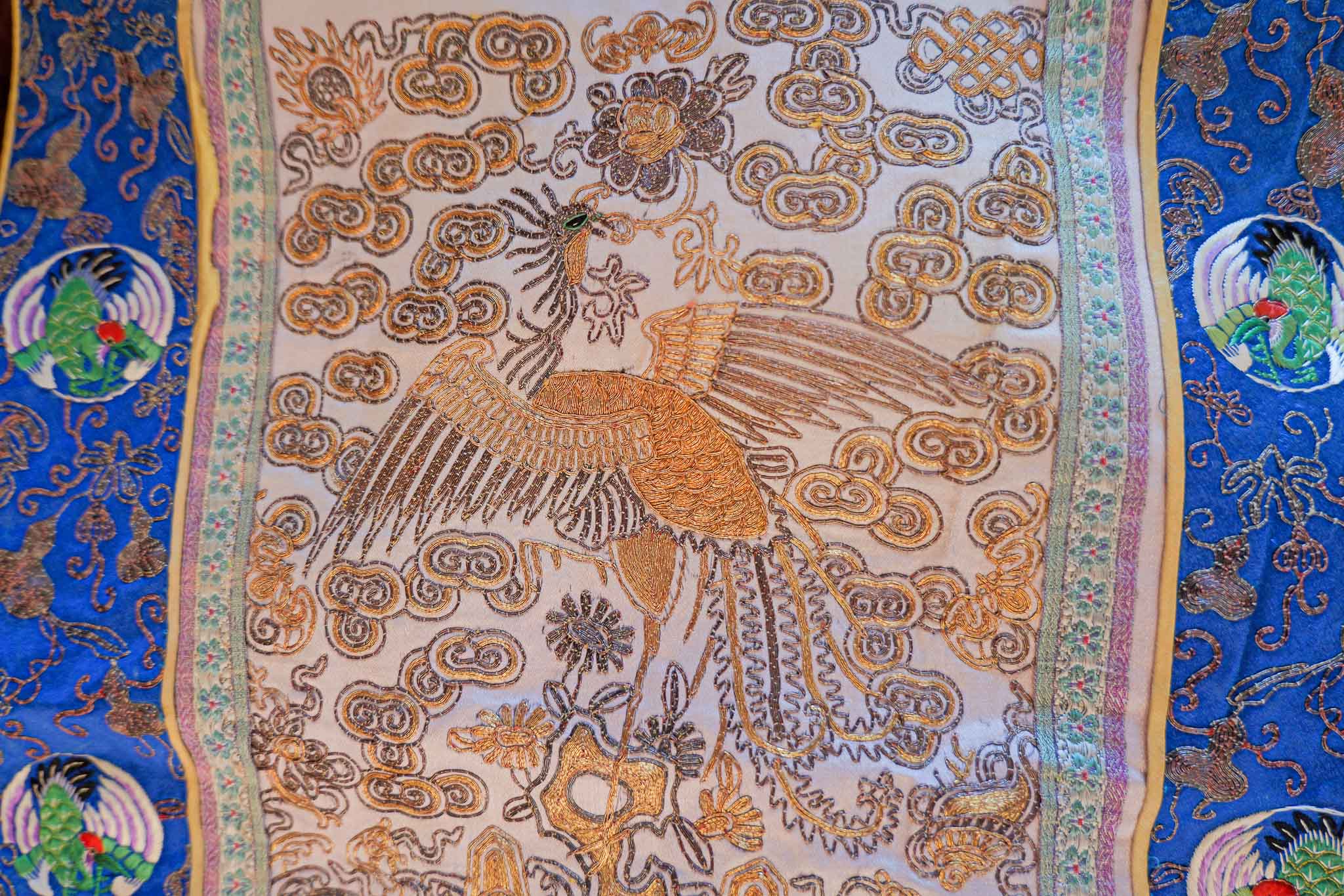 CHINESE SILK EMBROIDERY PANEL – PHOENIX & CLOUD MOTIF (BLUE BORDER) - Image 3