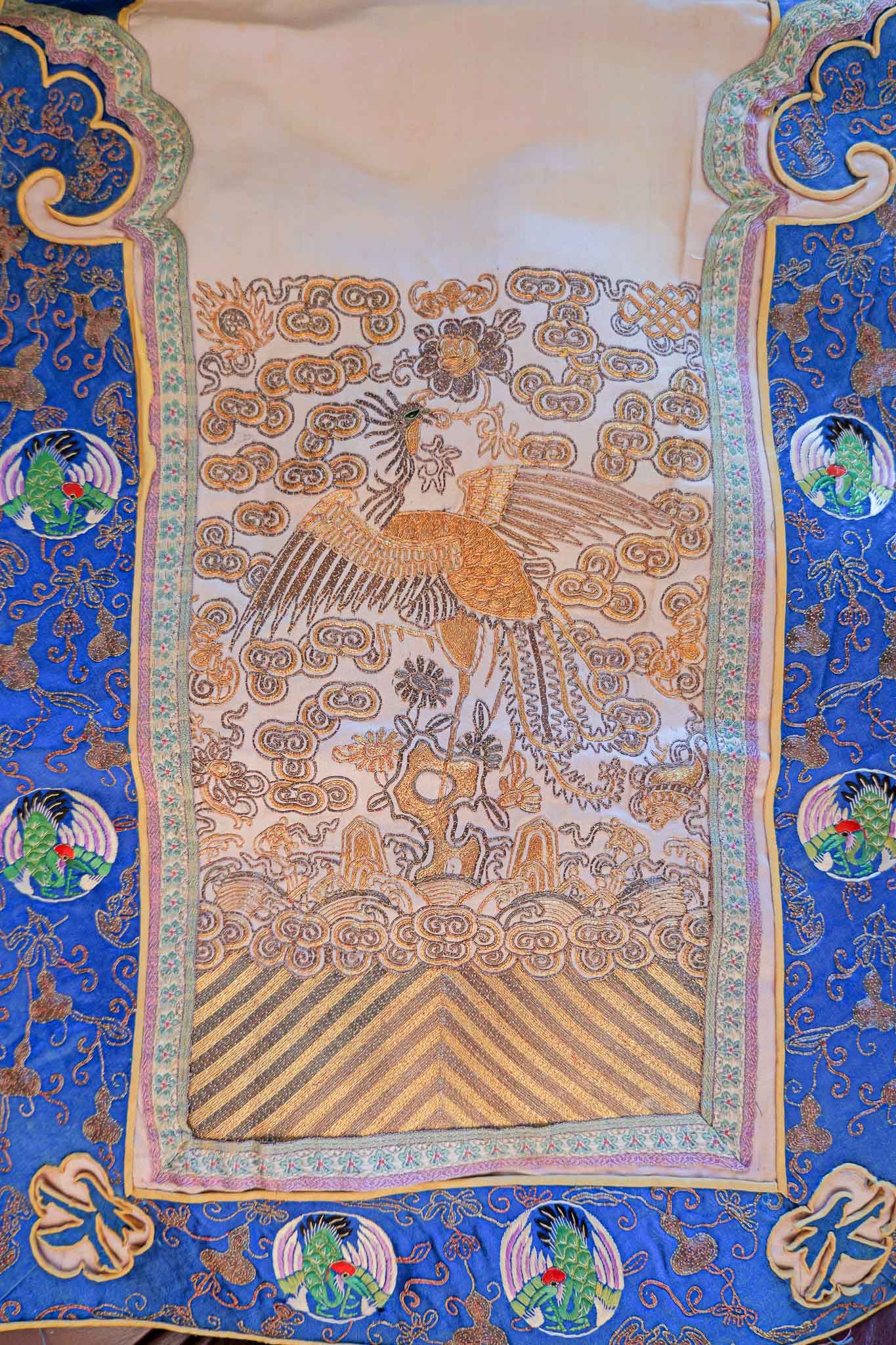 CHINESE SILK EMBROIDERY PANEL – PHOENIX & CLOUD MOTIF (BLUE BORDER) - Image 2