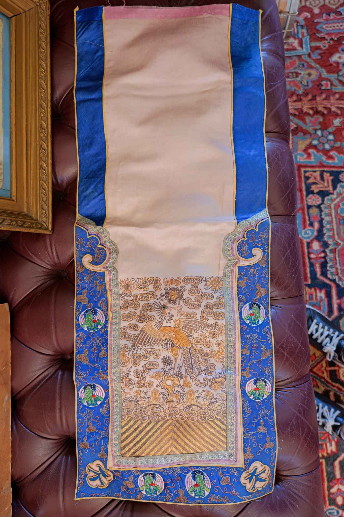 CHINESE SILK EMBROIDERY PANEL – PHOENIX & CLOUD MOTIF (BLUE BORDER)