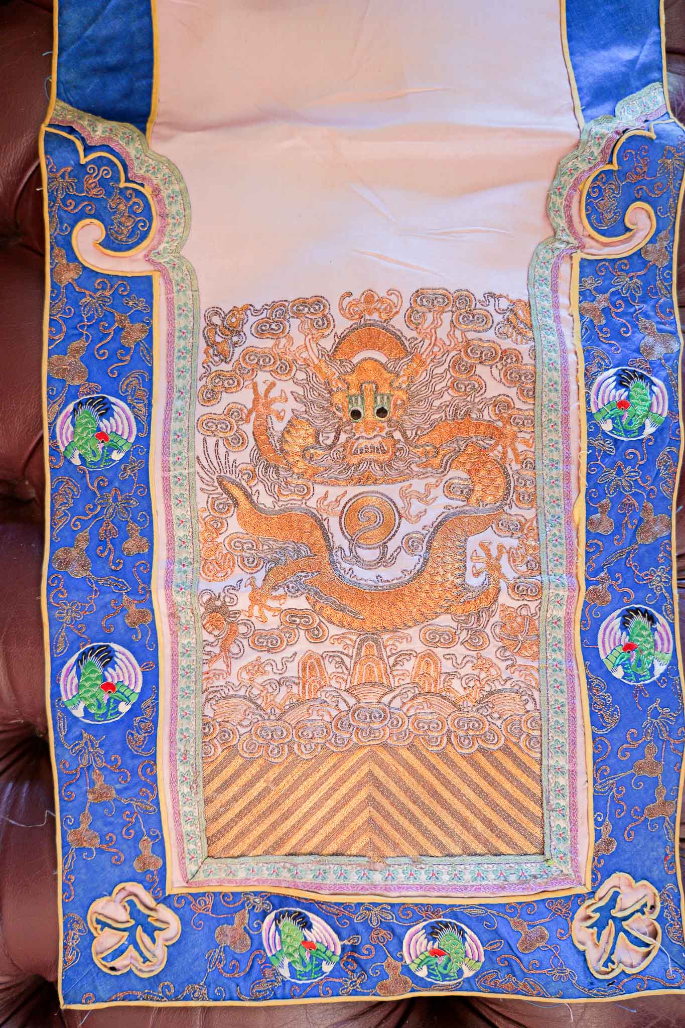 CHINESE SILK EMBROIDERY PANEL – DRAGON & CLOUD MOTIF (BLUE BORDER) - Image 2