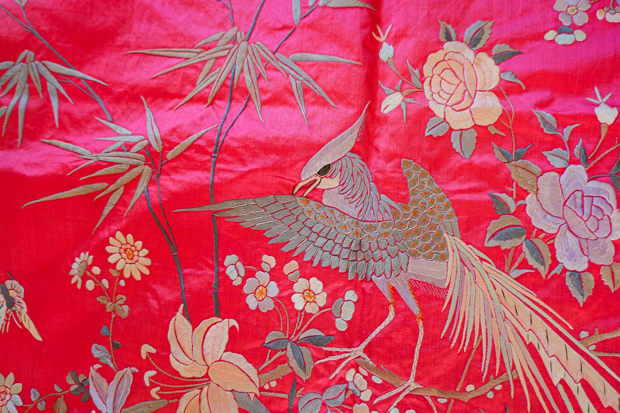 CHINESE SILK EMBROIDERED PANEL WITH TASSELS – BIRDS & FLORAL (PINK) - Image 3