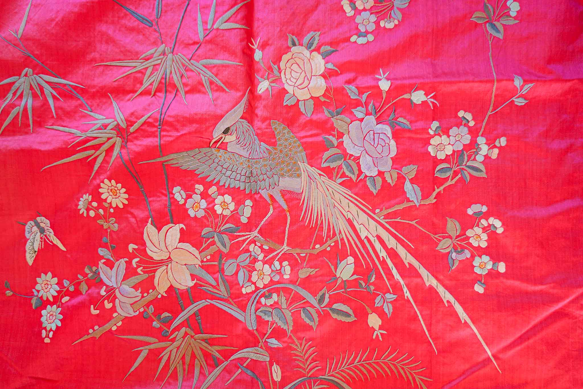 CHINESE SILK EMBROIDERED PANEL WITH TASSELS – BIRDS & FLORAL (PINK) - Image 2