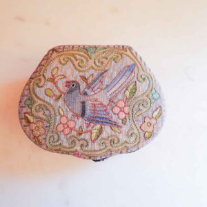 VINTAGE CHINESE EMBROIDERED ROUND SILK CASE WITH PIGEON MOTIF