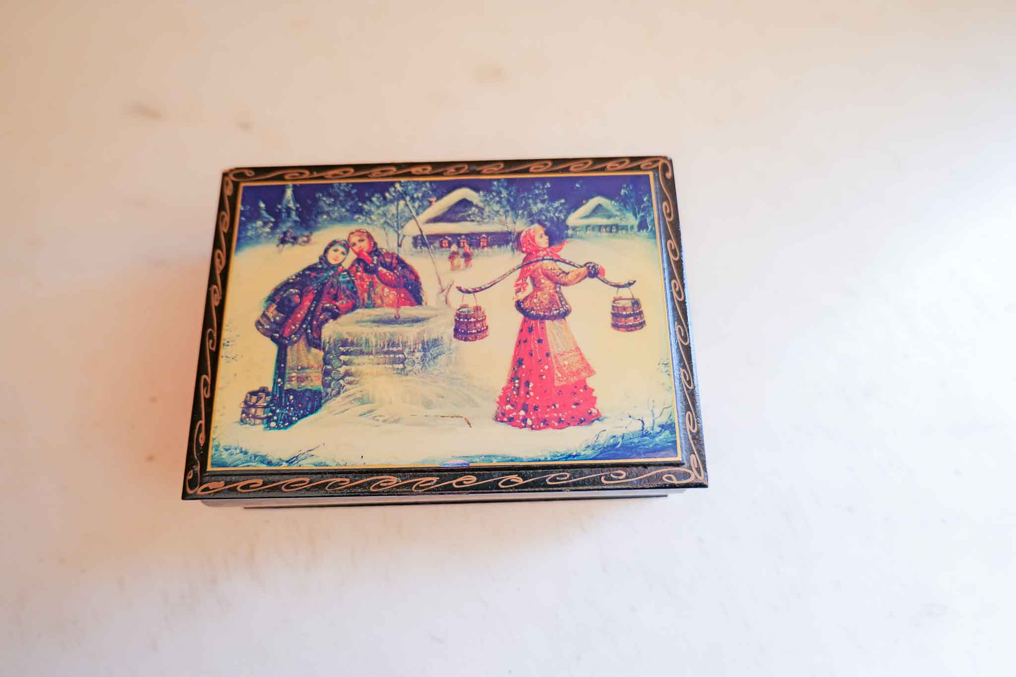 Russian Lacquer Tea Box Boyarinoff Hand-Painted Winter Scene Trinket Box