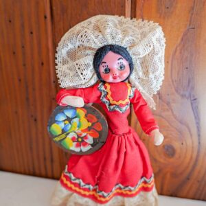 Vintage Mexican Folk Art Doll 10” Handmade Souvenir w/ Traditional Dress & Basket