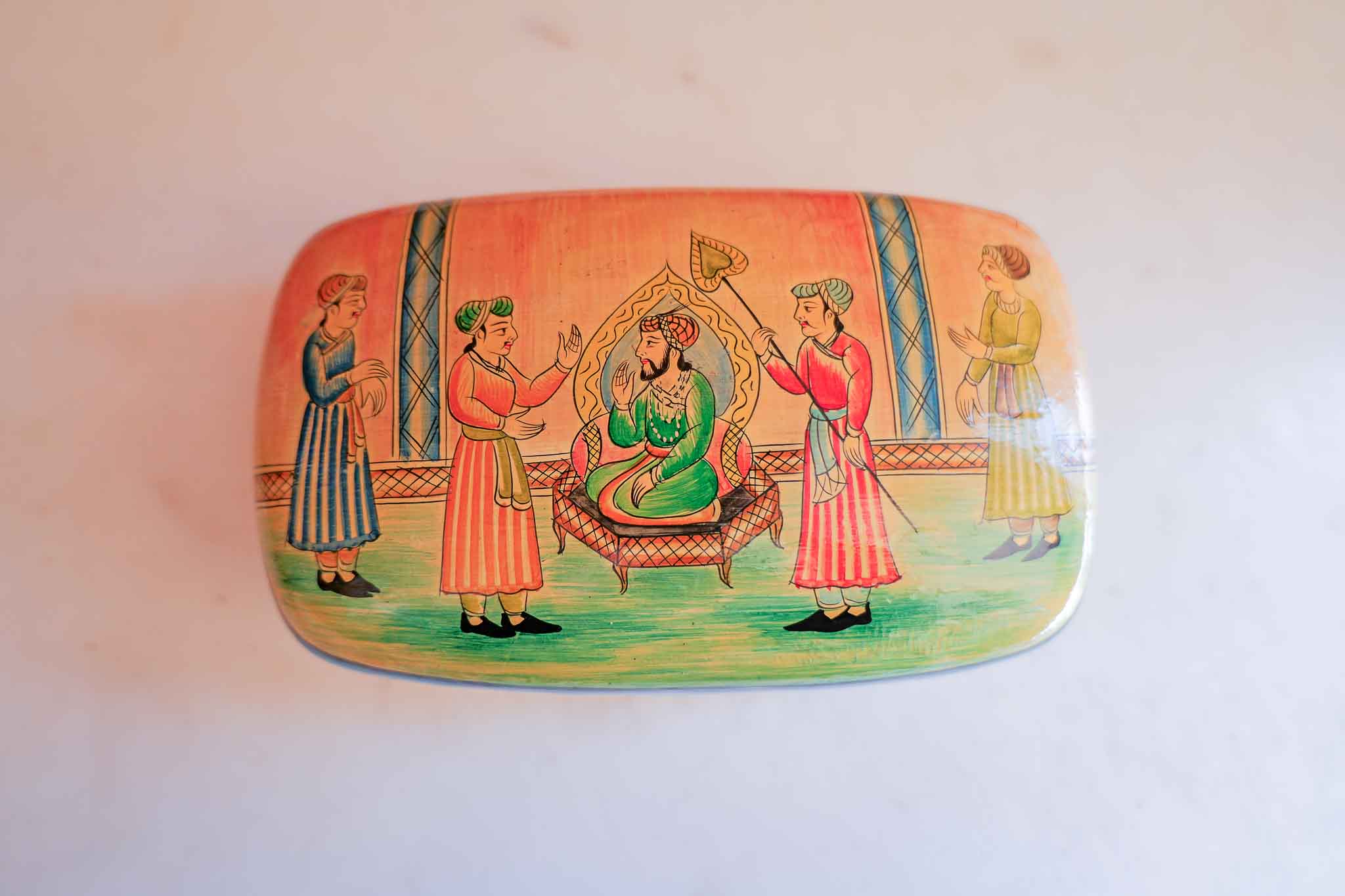 Hand-Painted Wooden Trinket Box 7” Folk Art Mughal Court Scene Decorative Box - Image 3