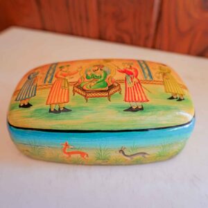 Hand-Painted Wooden Trinket Box 7” Folk Art Mughal Court Scene Decorative Box