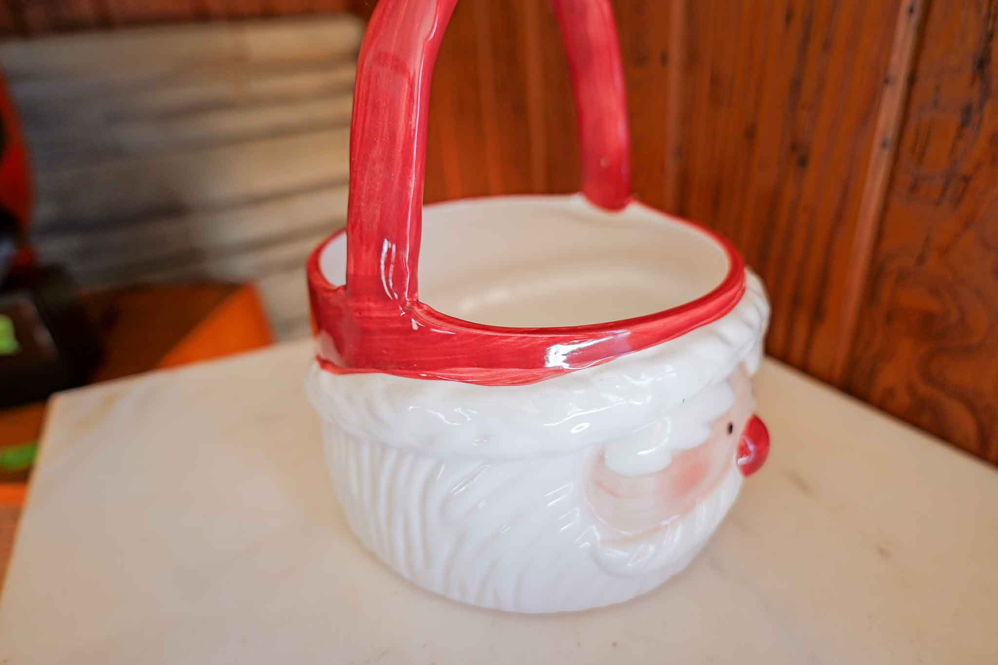 Vintage Ceramic Santa Planter Basket w/ Handle Christmas Decor Red White - Image 3