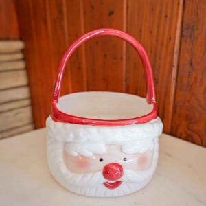 Vintage Ceramic Santa Planter Basket w/ Handle Christmas Decor Red White