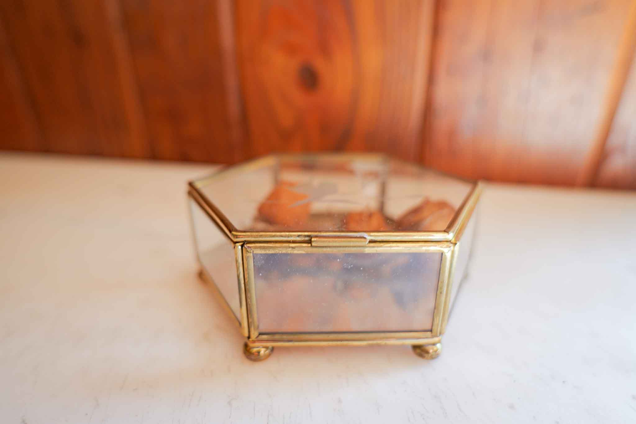 Vintage Brass & Glass Hexagon Trinket Box Etched Floral Lid Jewelry Box - Image 3