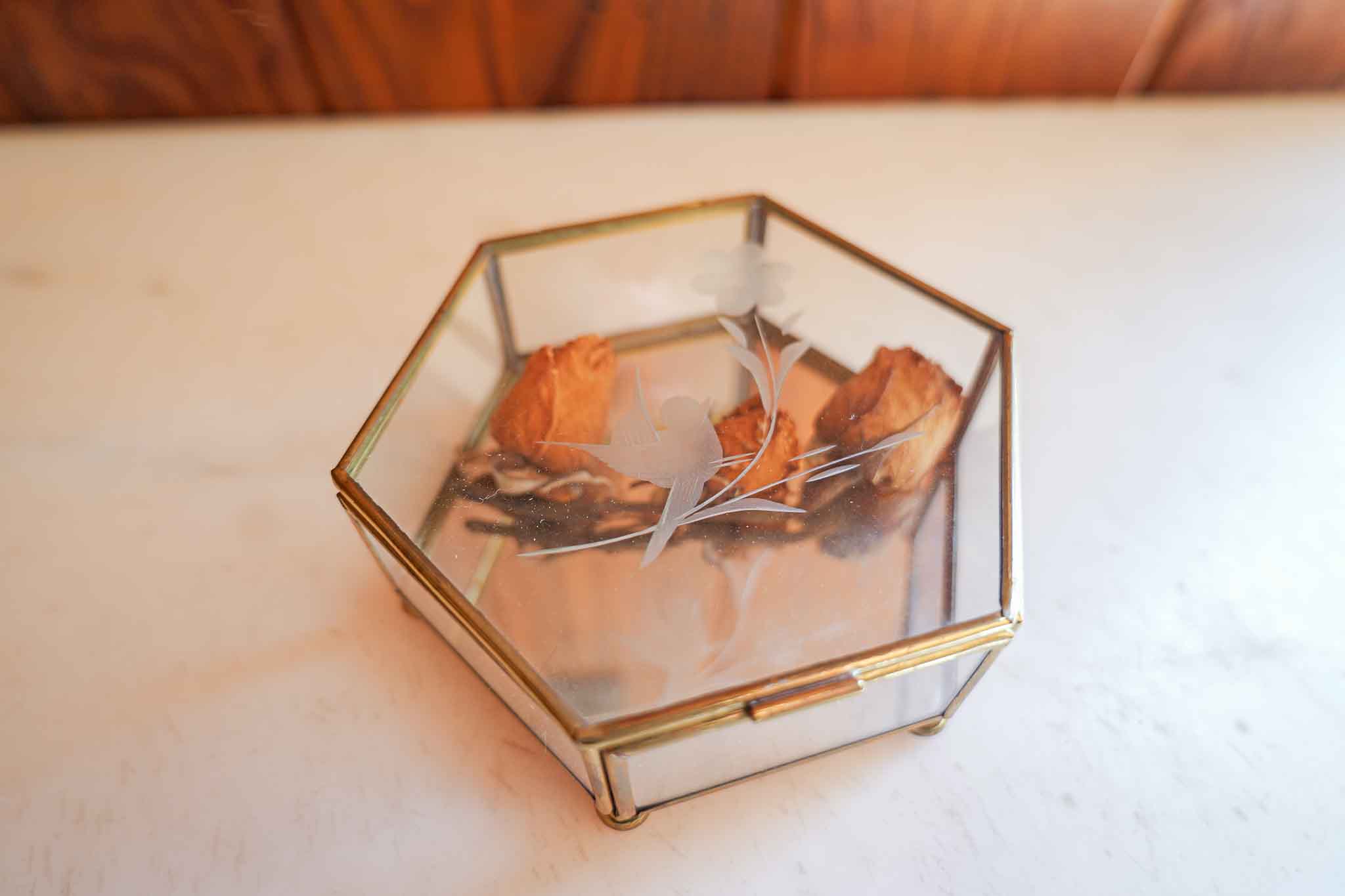 Vintage Brass & Glass Hexagon Trinket Box Etched Floral Lid Jewelry Box - Image 2