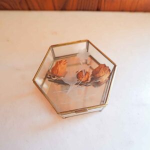 Vintage Brass & Glass Hexagon Trinket Box Etched Floral Lid Jewelry Box