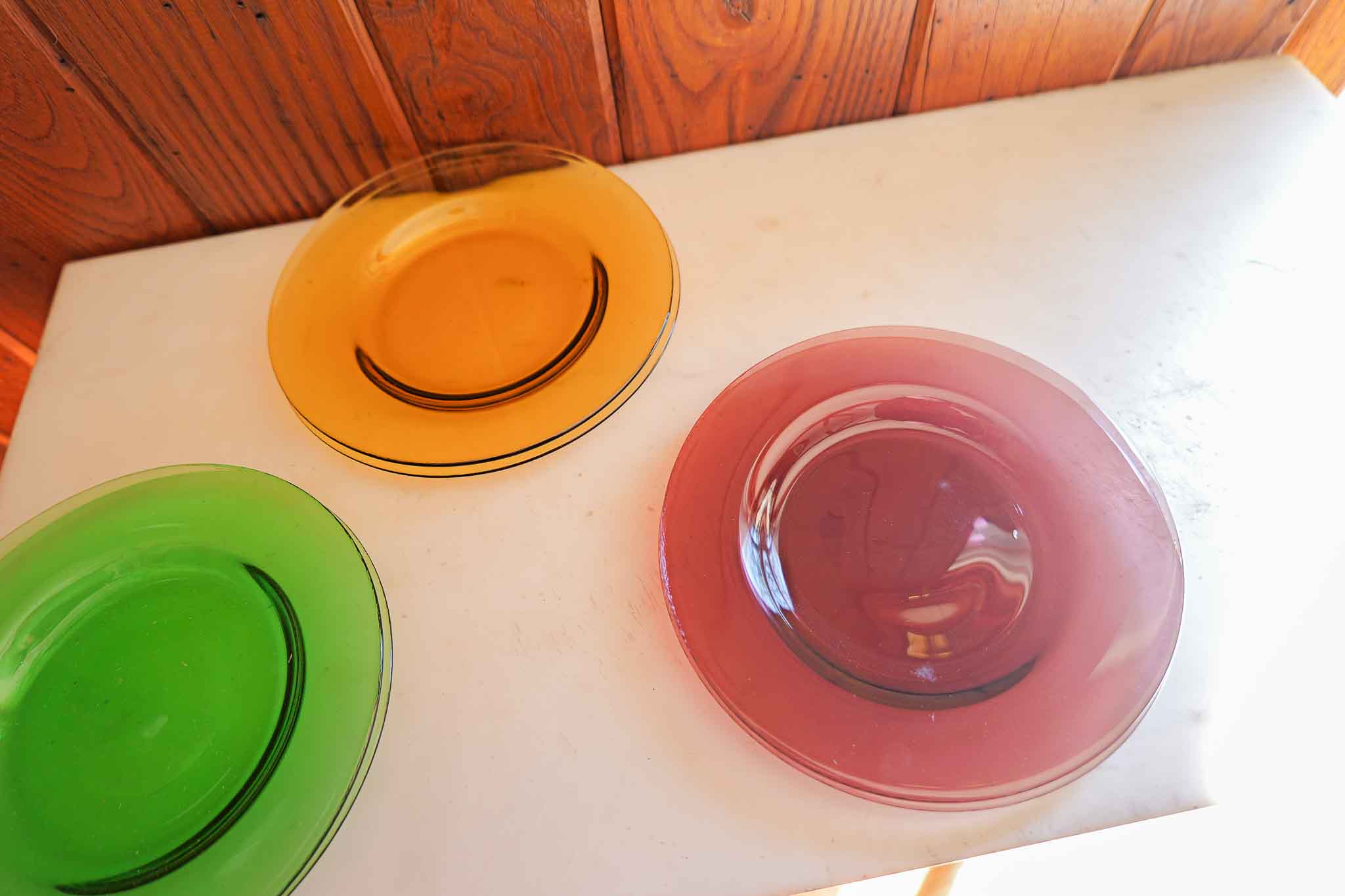 Set of 6 Colored Glass Plates 8” Green Yellow Purple Translucent Salad Plates - Image 3