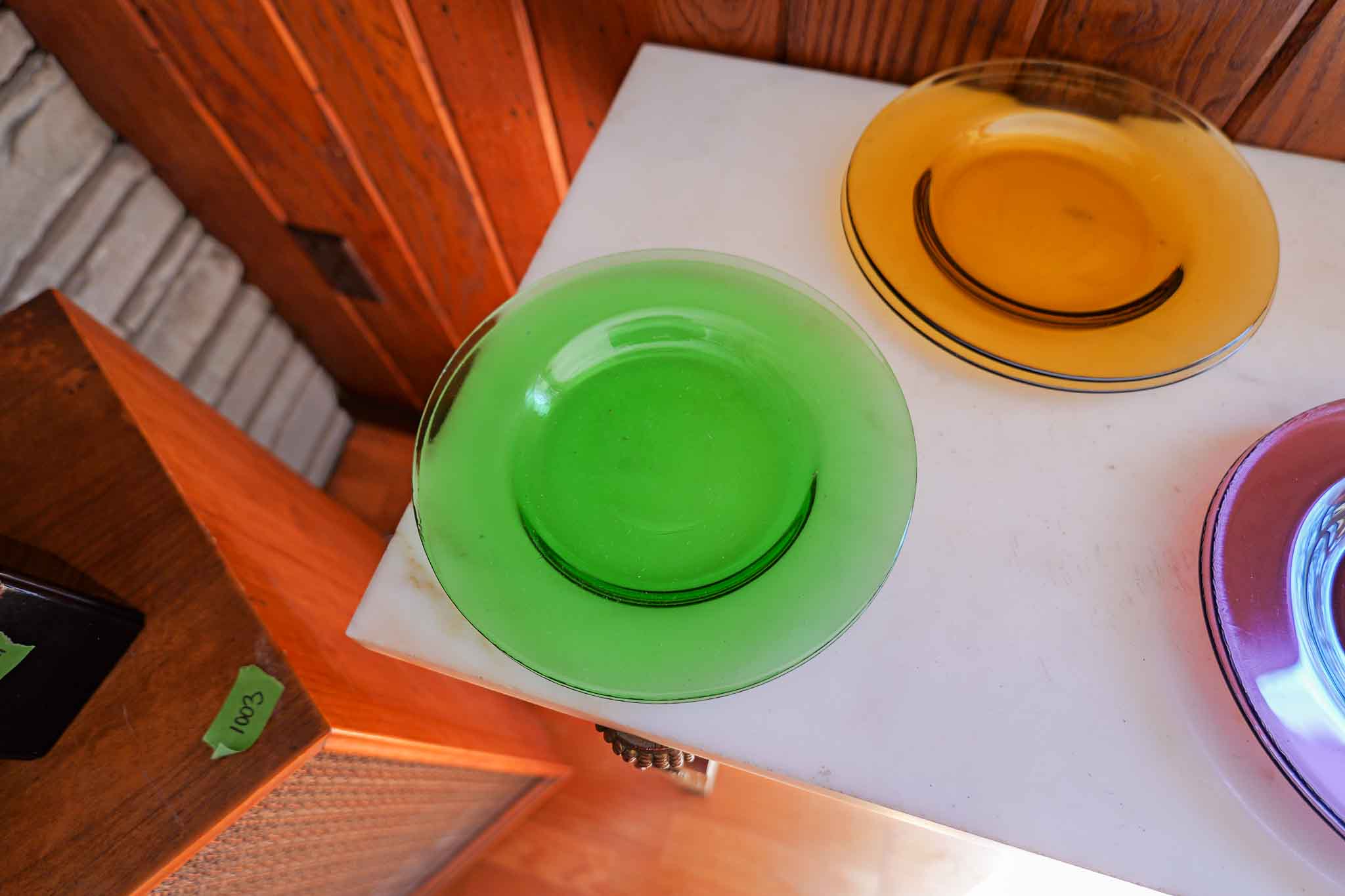 Set of 6 Colored Glass Plates 8” Green Yellow Purple Translucent Salad Plates - Image 2