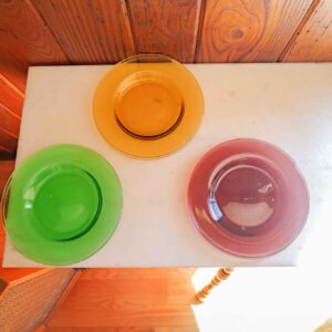 Set of 6 Colored Glass Plates 8” Green Yellow Purple Translucent Salad Plates